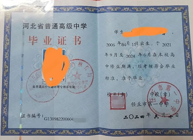 亭湖任丘市第一中学高中毕业证样本图片